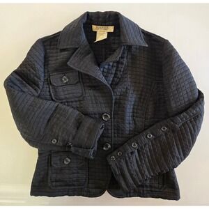 Harve Benard Womens Black Quilted Cropped Jacket Button Front Pockets